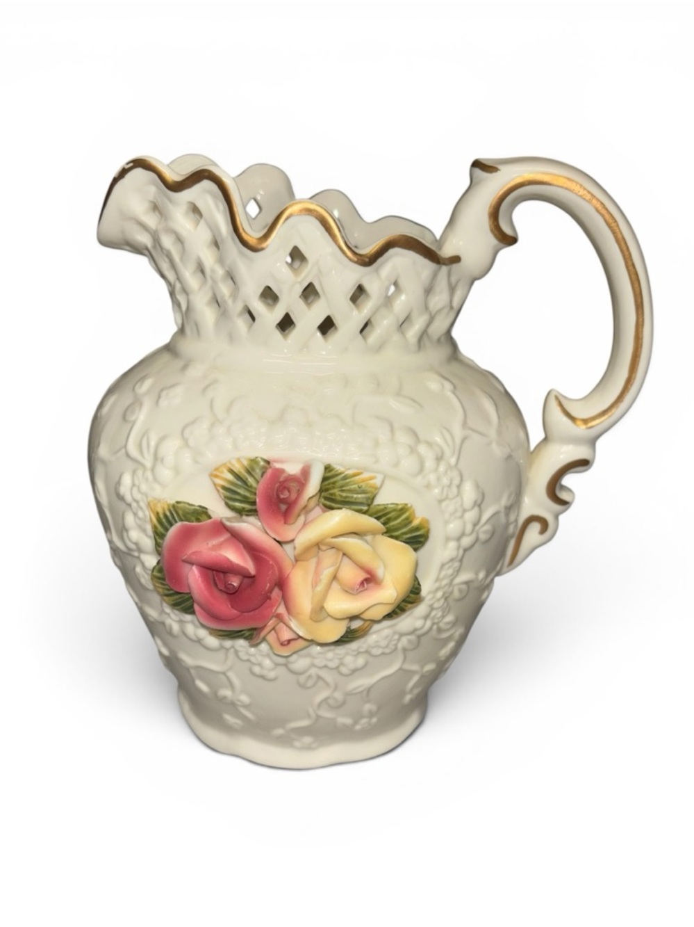 Vintage Chinese Pitcher, Ivory Porcelain, 3d Trellis/rose/vines.Gold Accents, 8"